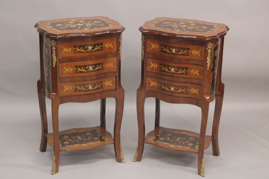 A GOOD PAIR OF LOUIS XVITH STYLE INLAID BEDSIDE CABINET with three drawers and under tier. 1ft - Image 1 of 2