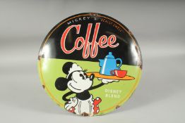 A MICKEY MOUSE COFFEE ENAMEL SIGN. 11ins diameter.