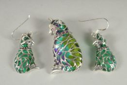 A SILVER RUBY, PLIQUE ENAMEL CAT BROOCH AND EARRINGS.