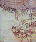 Gillian Ross (Kelsey) oil on board depicting children playing - writing on the wall 'Come on you