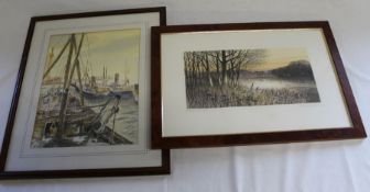 Framed watercolour depicting Grimsby trawlers 