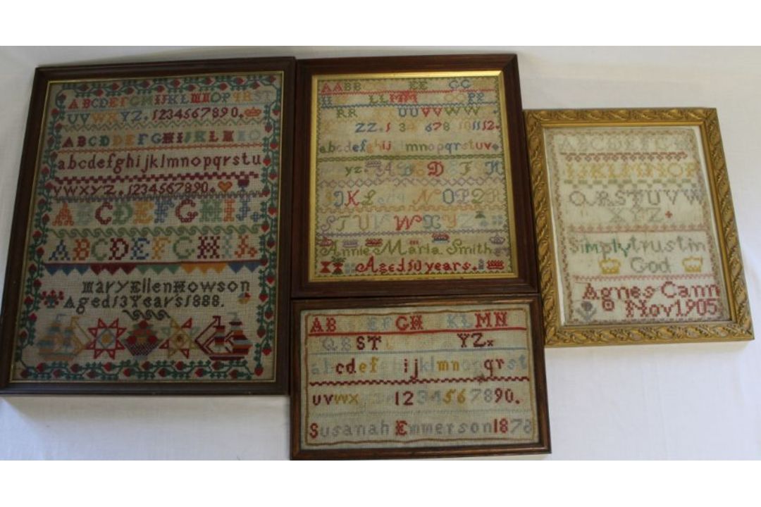 4 framed late Victorian / Edwardian samplers:- Annie Maria Smith aged 10, Susannah Emmerson 1872, - Image 1 of 2