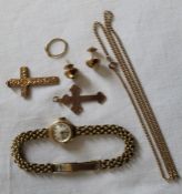 Two 9ct gold crucifixes, pair of 9ct gold earrings, single 9ct gold hoop earring (3.82g) & 9ct
