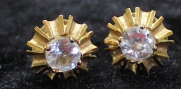 Pair of 14ct gold and aquamarine earrings marked 585, 4.42g