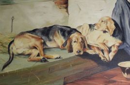 Large gilt framed oil on canvas depicting gun dogs, signed Farrow '81, 106cm x 76cm