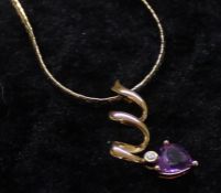 14ct gold flat link necklace marked 585 (6.80g) with spiral heart shaped amethyst and diamond set