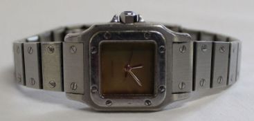 Ladies Santos de Cartier automatic stainless steel wristwatch on an industrial style strap,