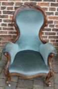 Reproduction Victorian armchair on cabriole legs in blue velvet