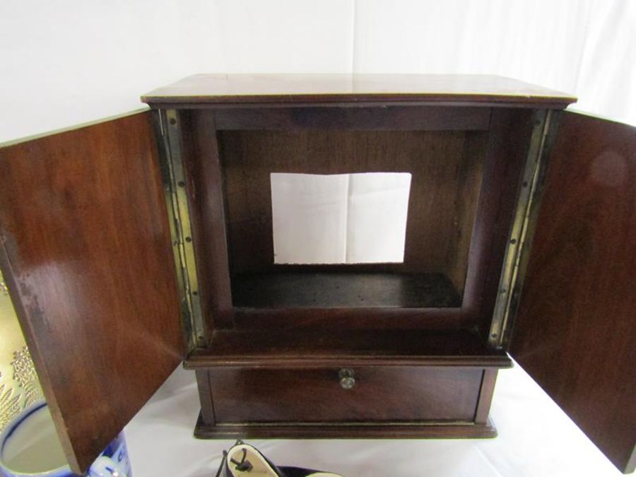 Stoneware bread crock, wooden cabinet, silverplate tray, pewter sifter and jug, ceramic ballerina - Image 5 of 5