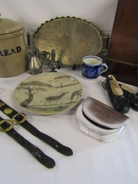 Stoneware bread crock, wooden cabinet, silverplate tray, pewter sifter and jug, ceramic ballerina - Image 3 of 5