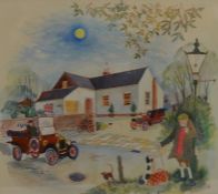 Colin Carr watercolour of Elmsdowne bungalow with typical Carr characters in the foreground. Frame