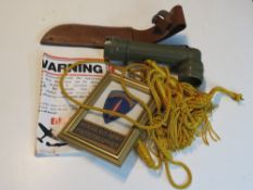 Two parade knots, USMC scabbard, British Military torch, a Public Warning sign for German Aircraft,