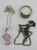 A gold plated silver ring hallmark 925 together with a 925 silver mother of pearl pendant and two