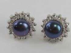 A pair of black coloured pearl stud earrings with CZ stones surrounding each pearl,