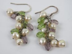 A pair of pearl and gemstone cluster earrings, no apparent hallmarks, 6cm drop.