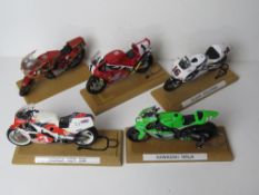 A set of five scale model racing bikes including Suzuki RGV, Honda NRS and Kawasaki Ninja.