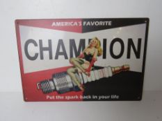 A contemporary metal garage spark plug pin up style advertising sign 'Americas Favourite Champion