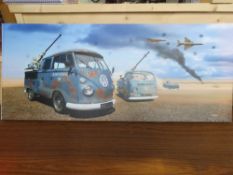 A large contemporary canvas print of military themed VW 'pick-up trucks' 'Desert Rat' from a