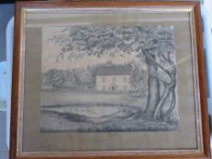 A pen and pencil sketch of a Georgian style farmhouse with pond and tree before, sight size 31.