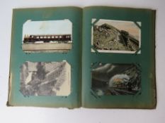 An Art Nouveau postcard album containing a quantity of Railwayana postcards and having hand painted