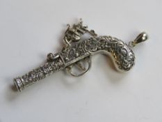 A HM Sterling silver whistle pendant in the form of an 18th century flintlock pistol,