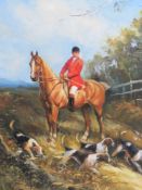 Oil on canvas; Huntsman in the saddle with hounds at foot, trees and sky beyond, unsigned,