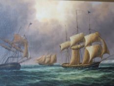 Oil on canvas, laid on board; 20thC Marine School, three clippers on choppy waters,