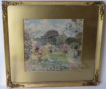 Watercolour; courtyard garden, lawn with paths surrounding,