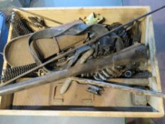 A quantity of assorted militaria inc; ZB37 ammo tin, wooden stock with brass butt plate,