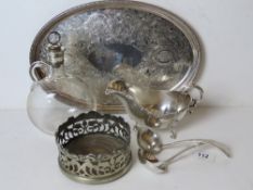 A quantity of silver plated wares including sauce boat, wine coaster etc.