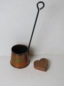 A copper Cider pourer and a copper trinket box in the form of a heart having hinged lid. Two items.