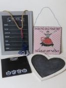 Four assorted decorative hanging signs including Harry Potter themed and chalkboards.