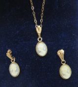 A suite of miniature cameo jewellery including earrings and pendant on 9ct gold chain.