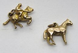 Two 9ct gold charms being a horse and a jockey on horseback,