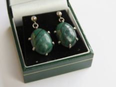 A pair of HM silver malachite earrings with butterfly backs in presentation box.