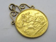 A 22ct gold 1908 Edward VII half sovereign, 4g, with fixed pendant bale, total weight 4.1g.