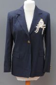 A 100% wool Italian navy coloured jacket having enamelled crown themed buttons upon, size 44,