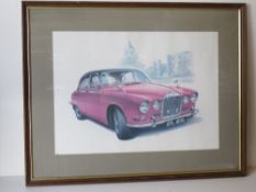 A large framed and mounted print of a Jaguar G Reg 1959 Sovereign, measuring approx 54 x 67cm.