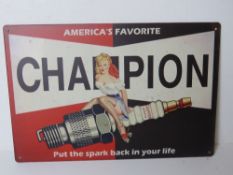 A contemporary metal garage spark plug pin up style advertising sign 'Americas Favourite Champion