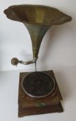 A vintage gramophone with a wind mechani