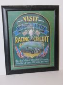 A naively painted Visit Brooklands Racing Circuit sign, in frame, for restoration,