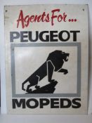 A painted advertising board 'Agents for Peugeot Mopeds', measuring approx 61 x 81cm.