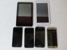 An Amazon Kindle, an Archos 70C Neon tablet, two iphones and two Samsung phones.