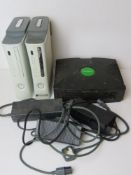 Two XBox 360 and an XBox console inc three associated chargers.