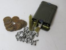 Twenty WWII British dog tags with various names and numbers together with a Mauser/ K98 cleaning