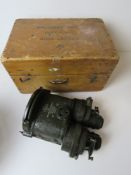 A Ross of London Binocular Gunsight having broad arrow to binocular and fitted wooden box, patt.