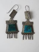 A pair of 925 silver Aztec themed earrings having indistinct makers mark verso (R.
