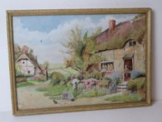Watercolour; thatched farm cottages with