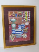 A naive still life kitchen study, framed