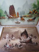 Two Oriental oil on board paintings in 1